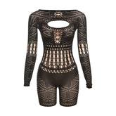 Durchsichtiger, enger, gestrickter kurzer Strampler mit Cut-Out-Spitze und hoher Taille